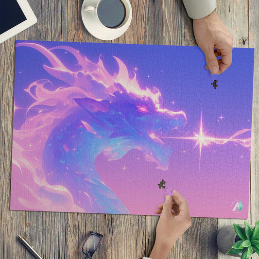 Prismatic Breath Puzzle: A captivating dragon-themed jigsaw puzzle, available in 500 and 1000 pieces, featuring premium ivory cardboard with a satin finish.