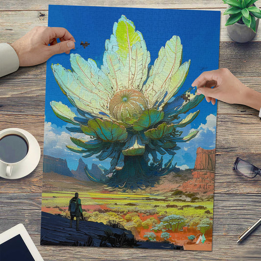 Galleria Galactica V Puzzle featuring a desert scene with a man, plant, and red rock; available in 500 and 1000 pieces.