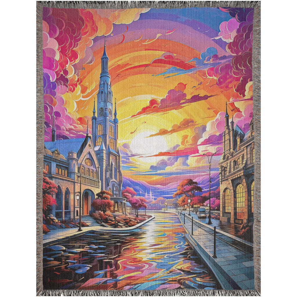Woven blanket featuring a colorful tapestry of a church and river, titled Canal of Colors. Made of 100% cotton, perfect as a home decor piece.