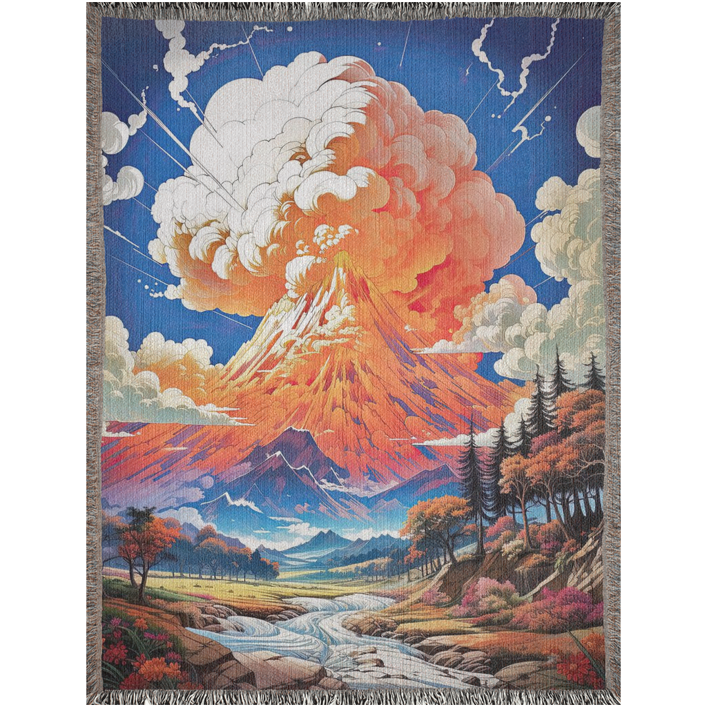 Summit Eruption Woven Blanket featuring a vibrant tapestry of a volcano, crafted from 100% cotton, perfect as a decorative throw or wall art.