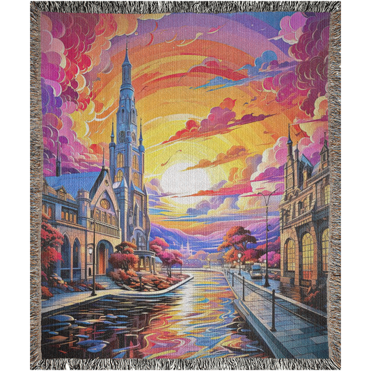 Woven blanket featuring a colorful tapestry of a church and river, titled Canal of Colors. Made of 100% cotton, perfect as a home decor piece.