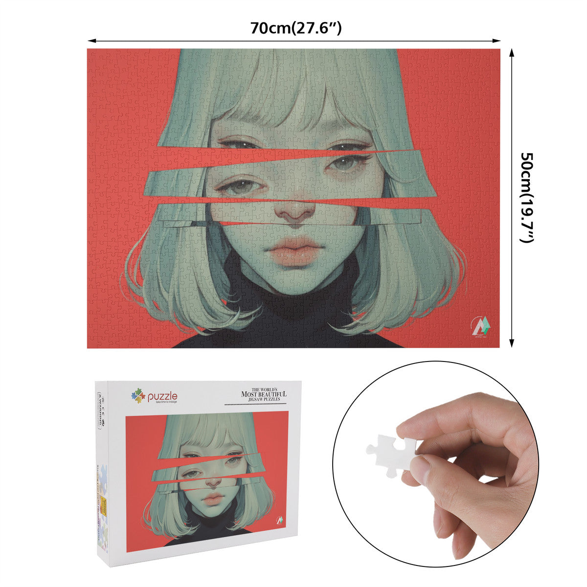 Surreal Feminine III Puzzle featuring a girl's illustrated face by artist @shinjoku13, available in 500 or 1000 pieces, made of premium ivory cardboard.