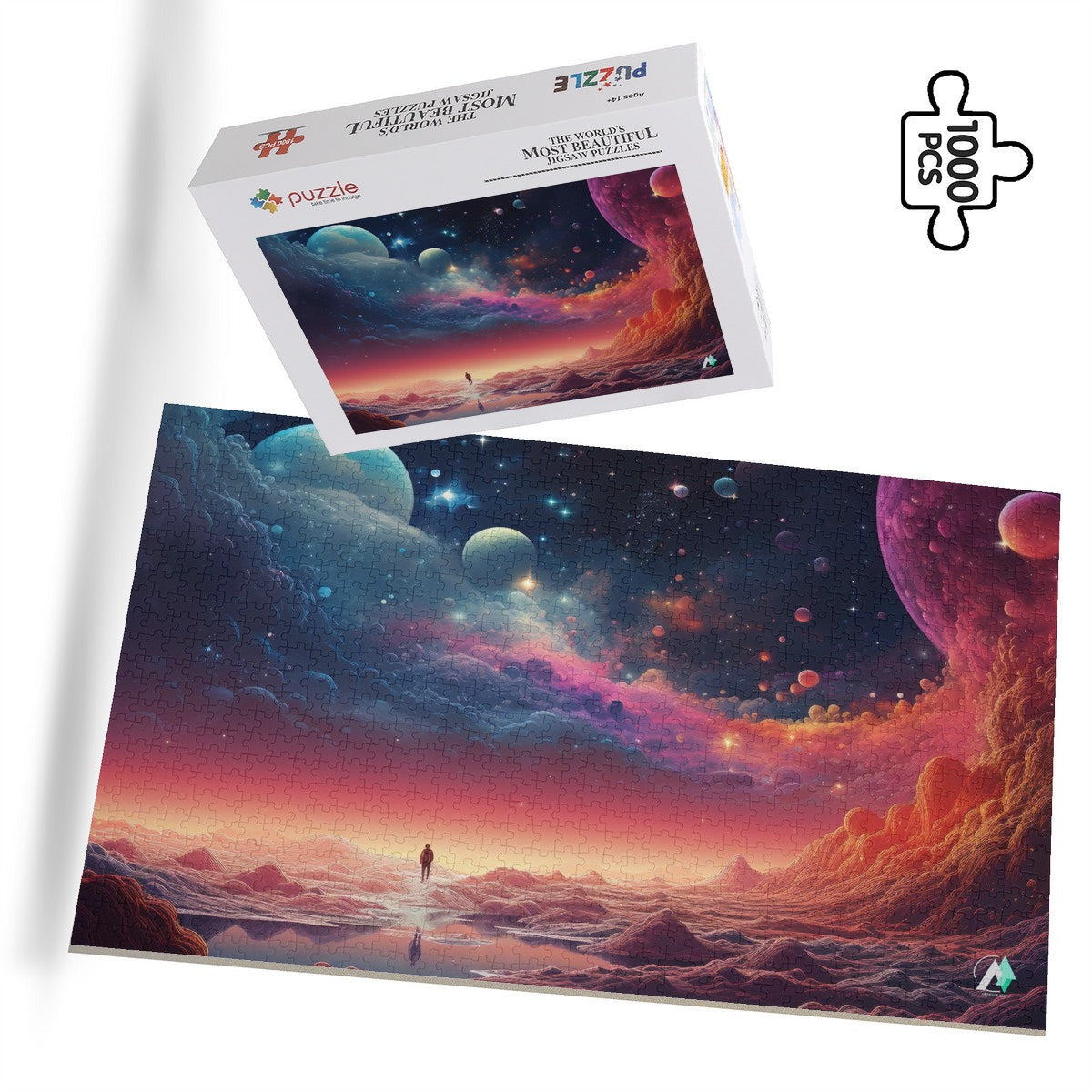 Nanoscape I Puzzle featuring a colorful planetary sci-fi design, available in 500 and 1000 pieces, showcasing artwork by @lyashko.ai.