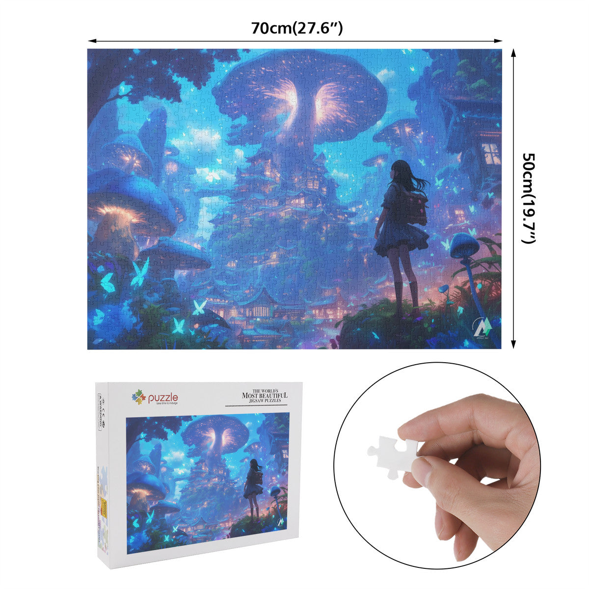 Forest of Magic IX Puzzle: A girl gazes at a whimsical mushroom city, featured in a 500 or 1000-piece premium jigsaw puzzle by artist @shinjoku13.