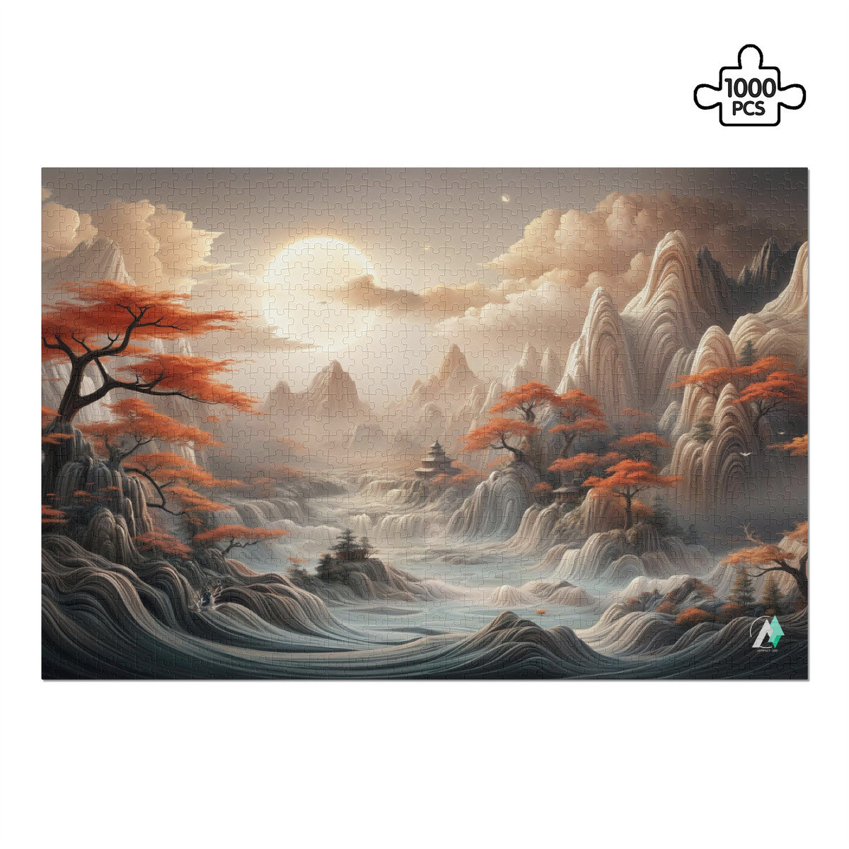 The Mystical Valley Puzzle featuring a mountain landscape, river, and tree with orange leaves; available in 500 or 1000 pieces.