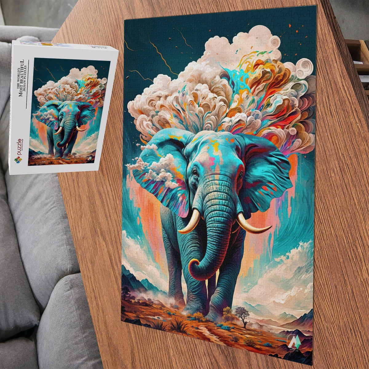 Elemental Elephant Puzzle featuring a vibrant elephant with colorful clouds, available in 500 and 1000 pieces, crafted from premium ivory cardboard.