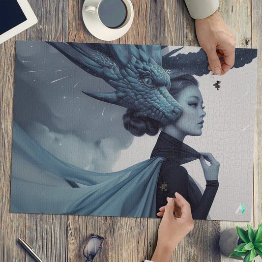 Wyvern Wyre IV Puzzle featuring a woman with a dragon head, available in 500 or 1000 pieces, crafted from premium ivory cardboard.
