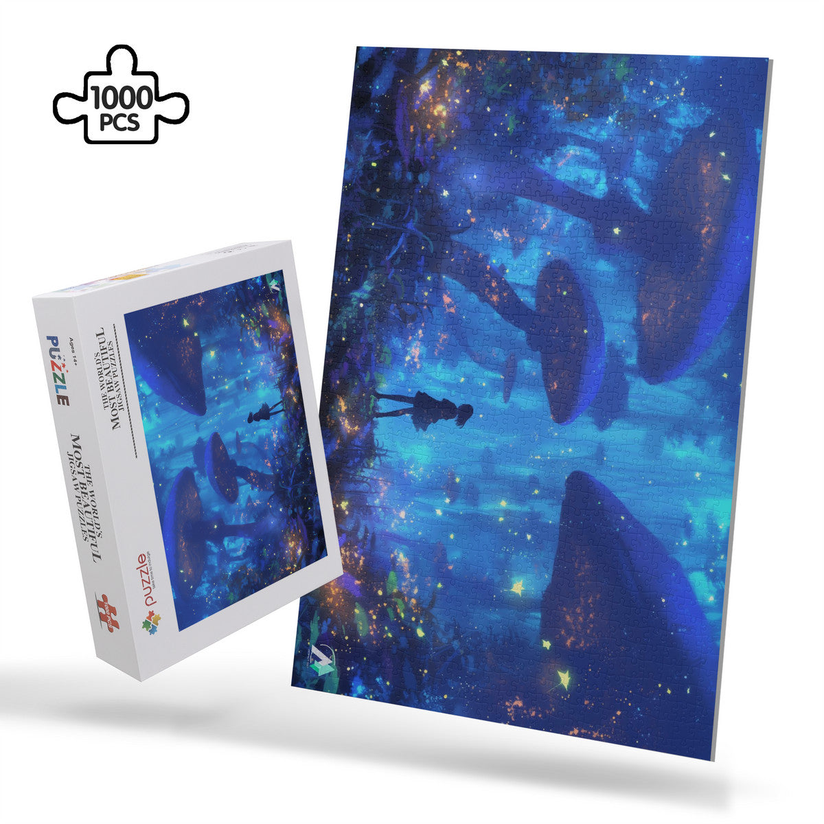 Forest of Magic VIII Puzzle, depicting a girl in a mystical forest, crafted from premium ivory cardboard, available in 500 and 1000 pieces.