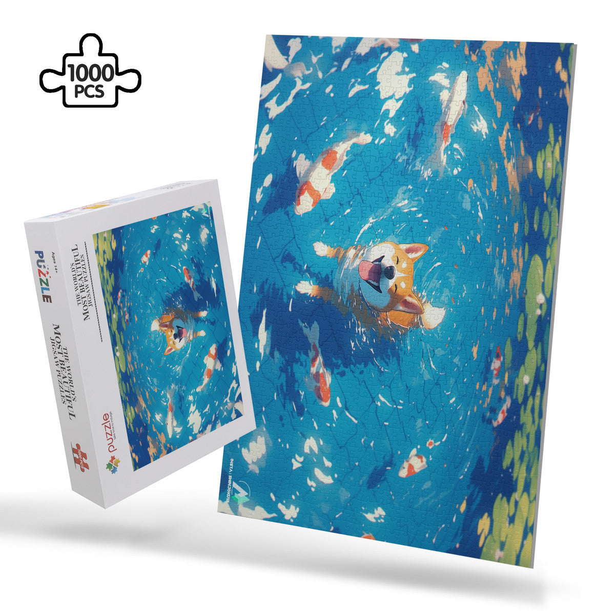 Chibi Shiba V Puzzle featuring a dog swimming with fish, available in 500 or 1000 pieces, crafted from premium ivory cardboard.