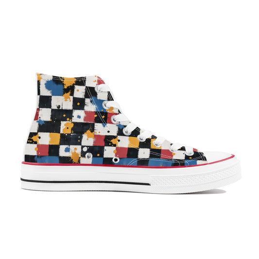 Checkered & Splattered (Wht) 🏁💦 | 1337 High Tops: High-top sneaker with black-and-white checker pattern, red, blue, yellow splatters, white laces, and striped sole.