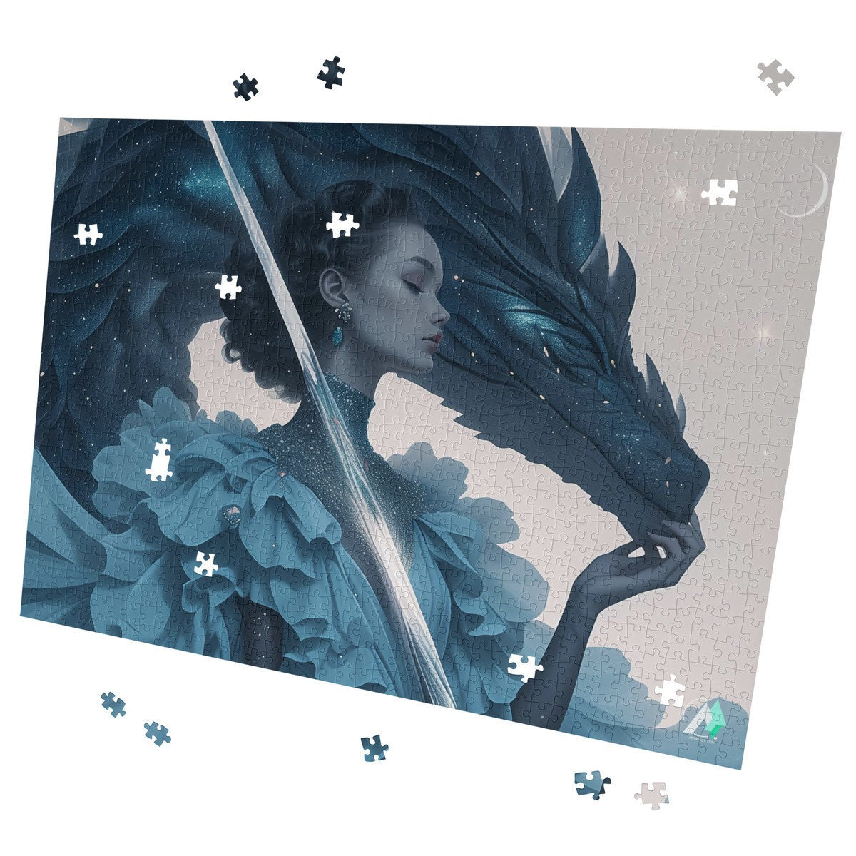 Wyvern Wyre I Puzzle: A jigsaw depicting a woman with a sword and dragon, available in 500 and 1000 pieces, featuring art by @shinjoku13.