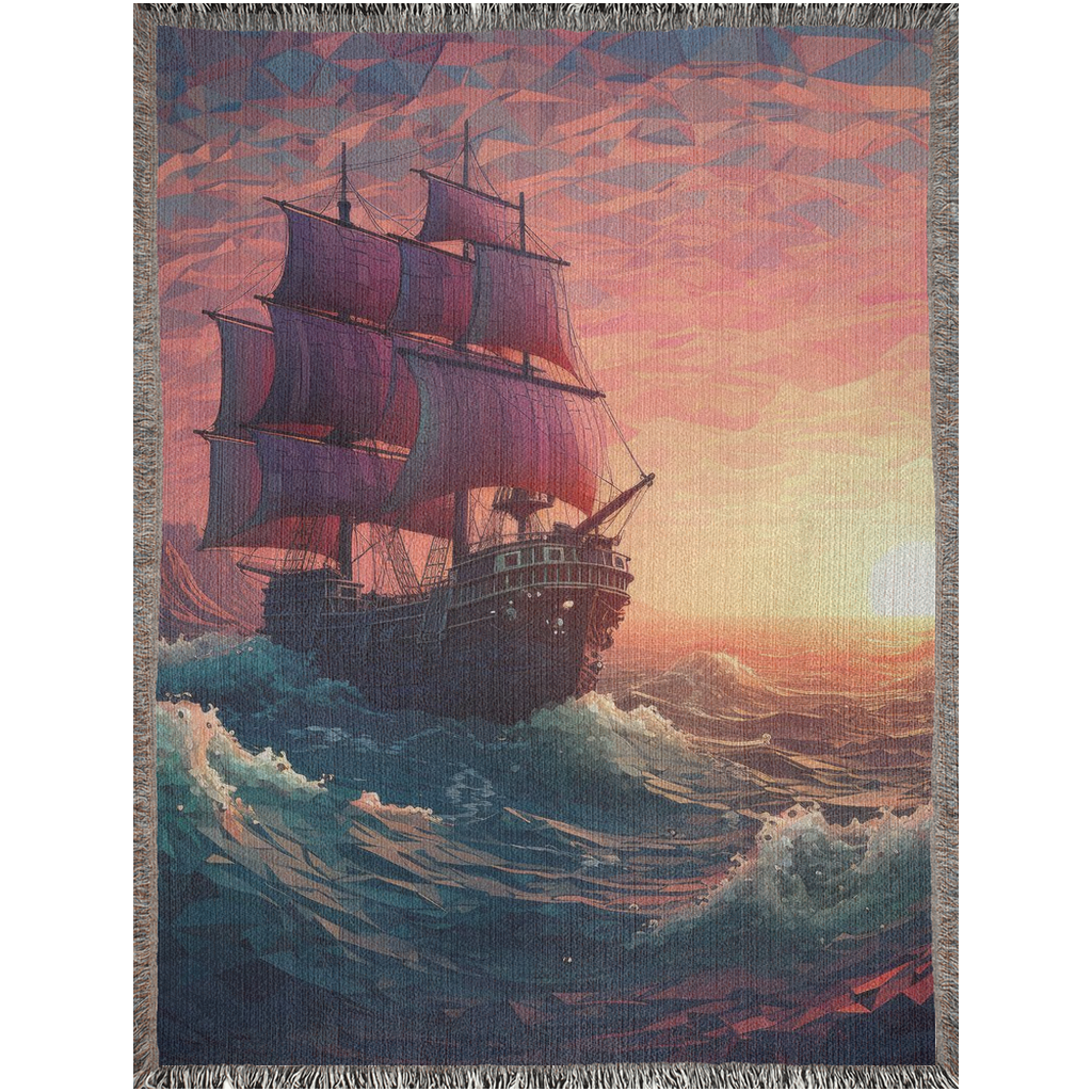 Long Journey Ship woven blanket featuring a sailboat at sea, crafted from 100% pure cotton, adding luxury and personality to home décor.