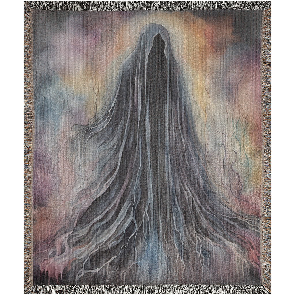 Silhouetted Soul II Woven Blanket featuring a ghostly figure with long hair, blending luxury art into a durable cotton throw.