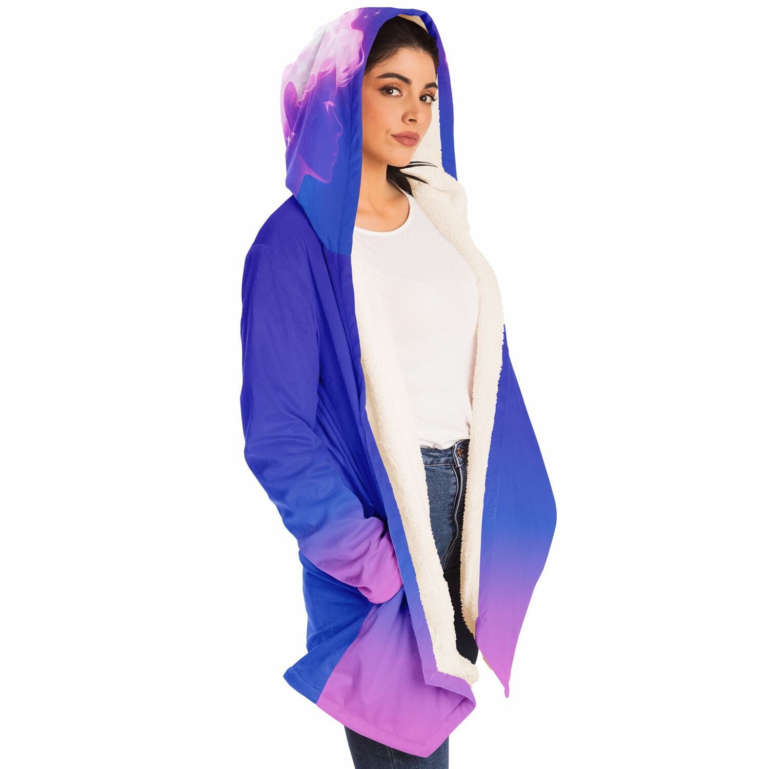 A woman wearing the Ethereal Gem 1337 Cloak, showcasing its hooded design and luxurious fabric, perfect for warmth and style on chilly days.