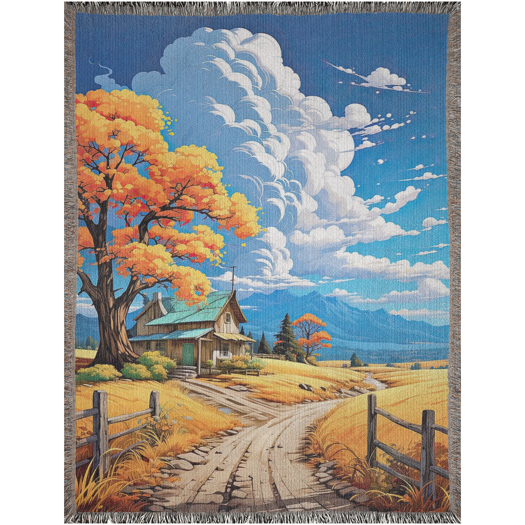 Rustic Idyll Woven Blanket features a scenic house, road, and tree design, adding luxury and personality to home décor.