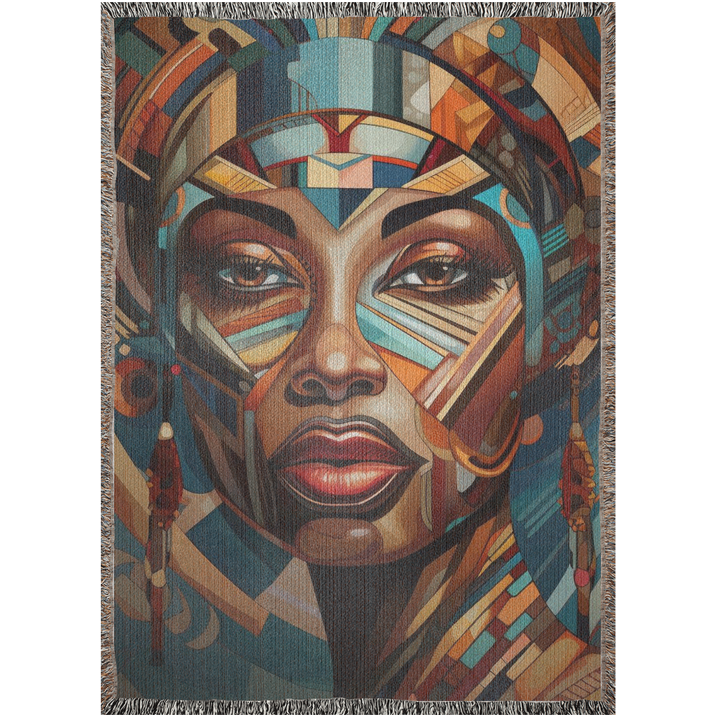 Cubist Beauty II Woven Blanket featuring a woman's face in a colorful tapestry, made from 100% cotton, perfect for home décor or gifting.