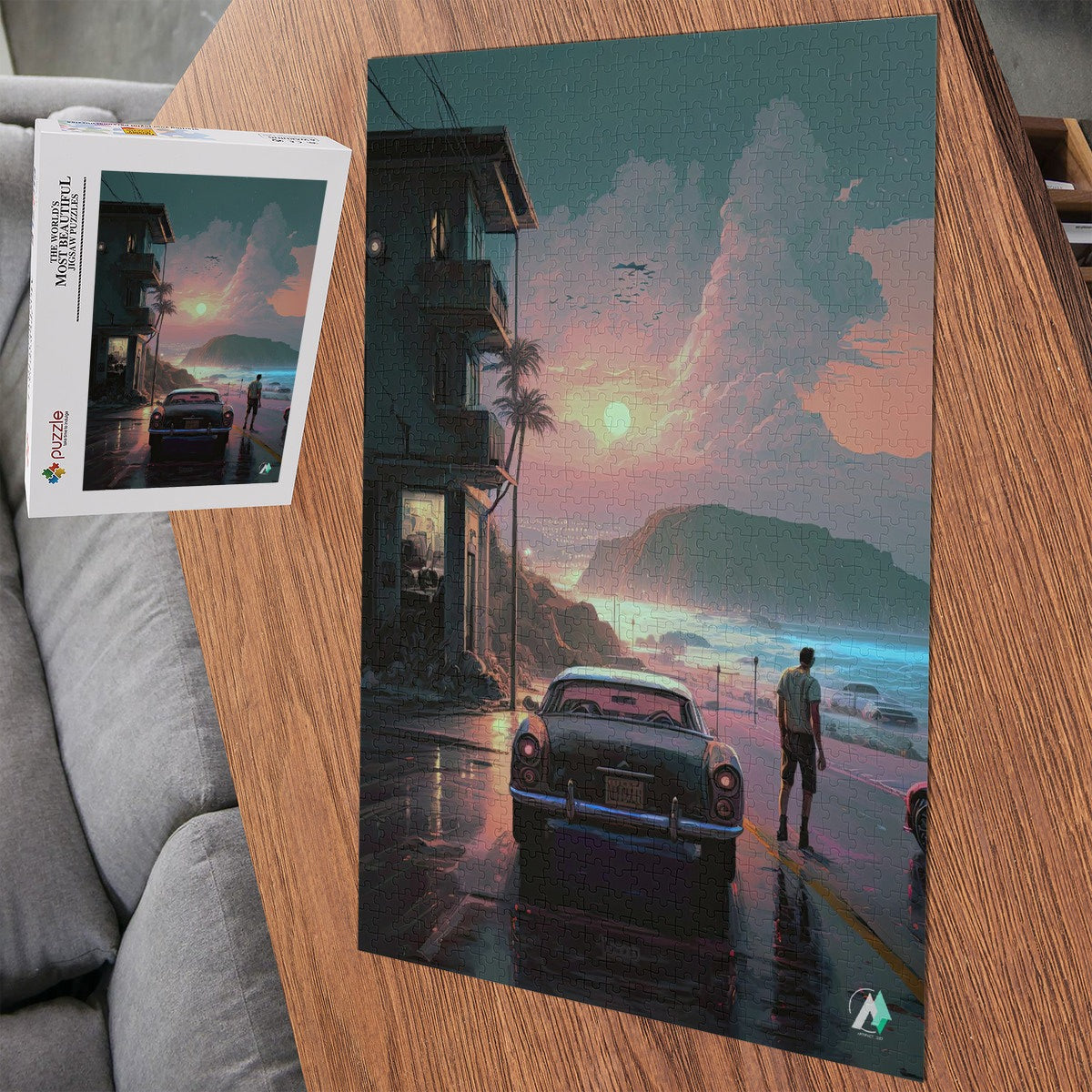 Reflections in the Rain Puzzle features a man beside a car on a road at the beach, crafted from premium ivory cardboard, available in 500 and 1000 pieces.
