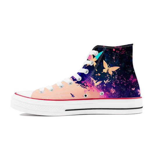 The Hero of Butterflies II |1337 High Tops feature a colorful gradient with butterfly designs, white laces, and a rubber sole, embodying artistic streetwear sophistication.