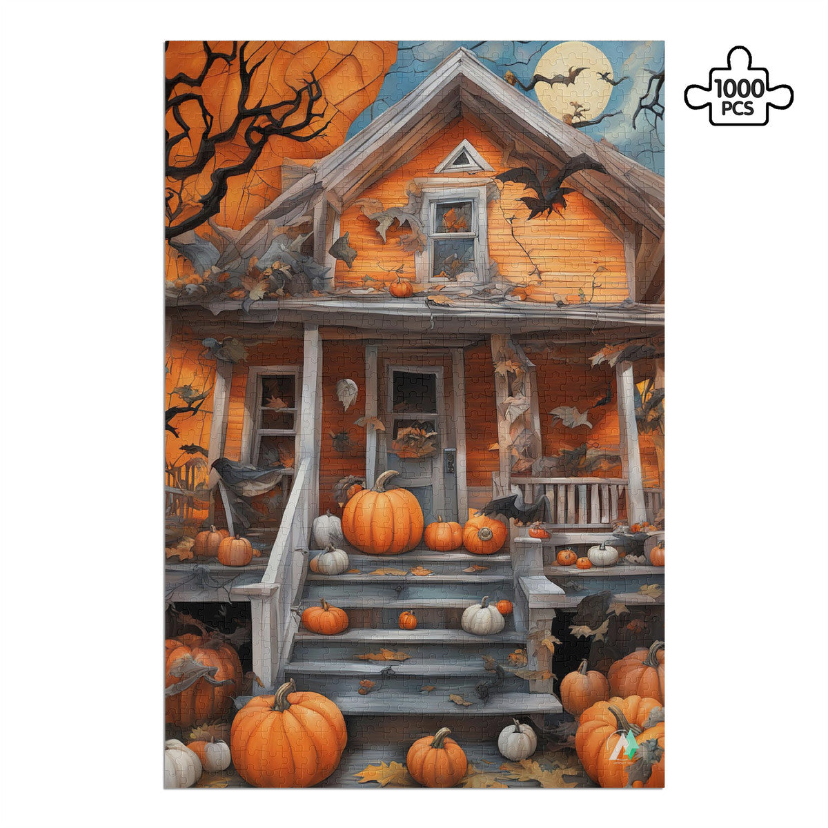 Pumpkin House puzzle featuring a whimsical house surrounded by pumpkins and bats, available in 500 and 1000 pieces, made from premium ivory cardboard.