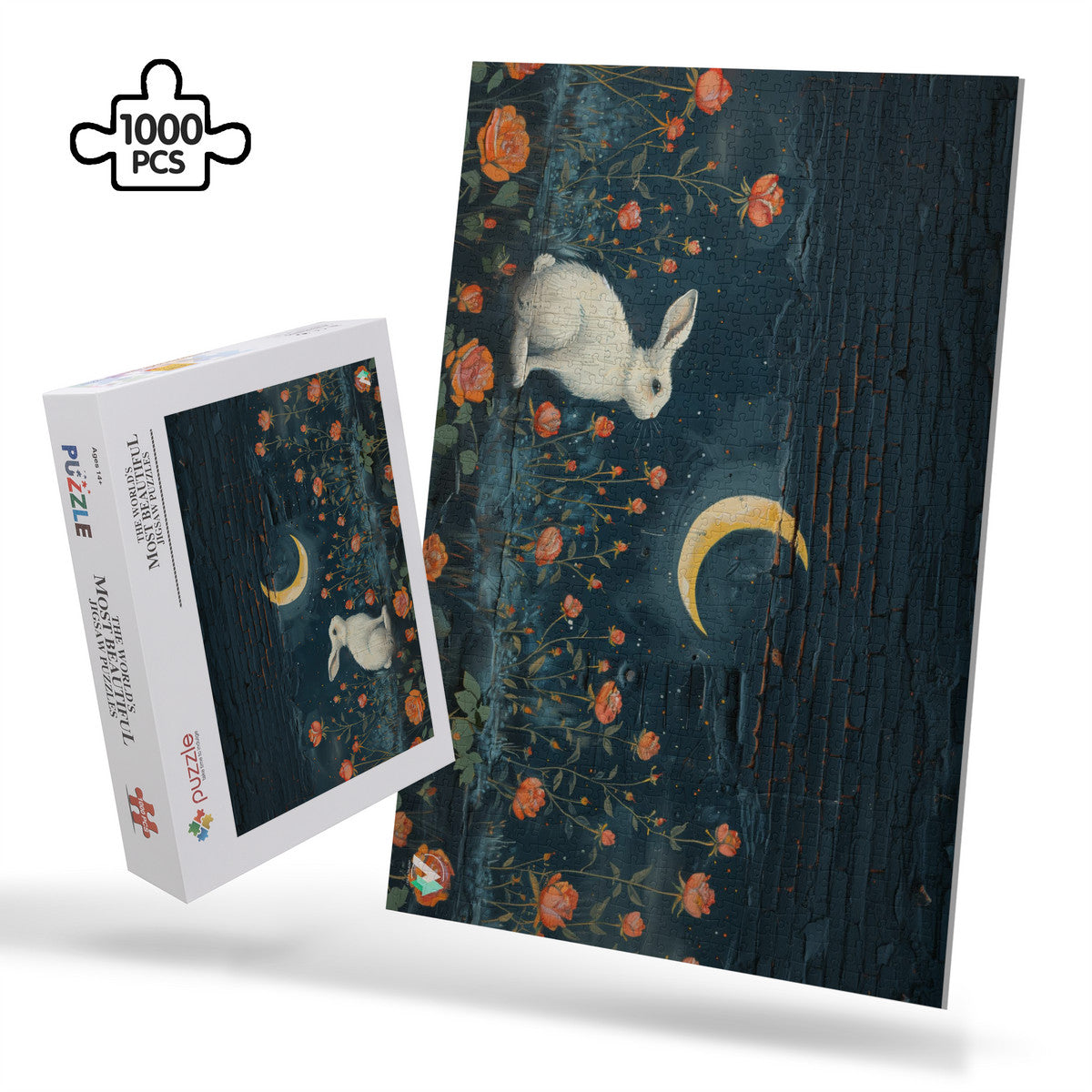 Bunny Meadow Graffiti Puzzle features a rabbit among flowers and a moon, crafted on premium ivory cardboard, available in 500 and 1000 pieces.