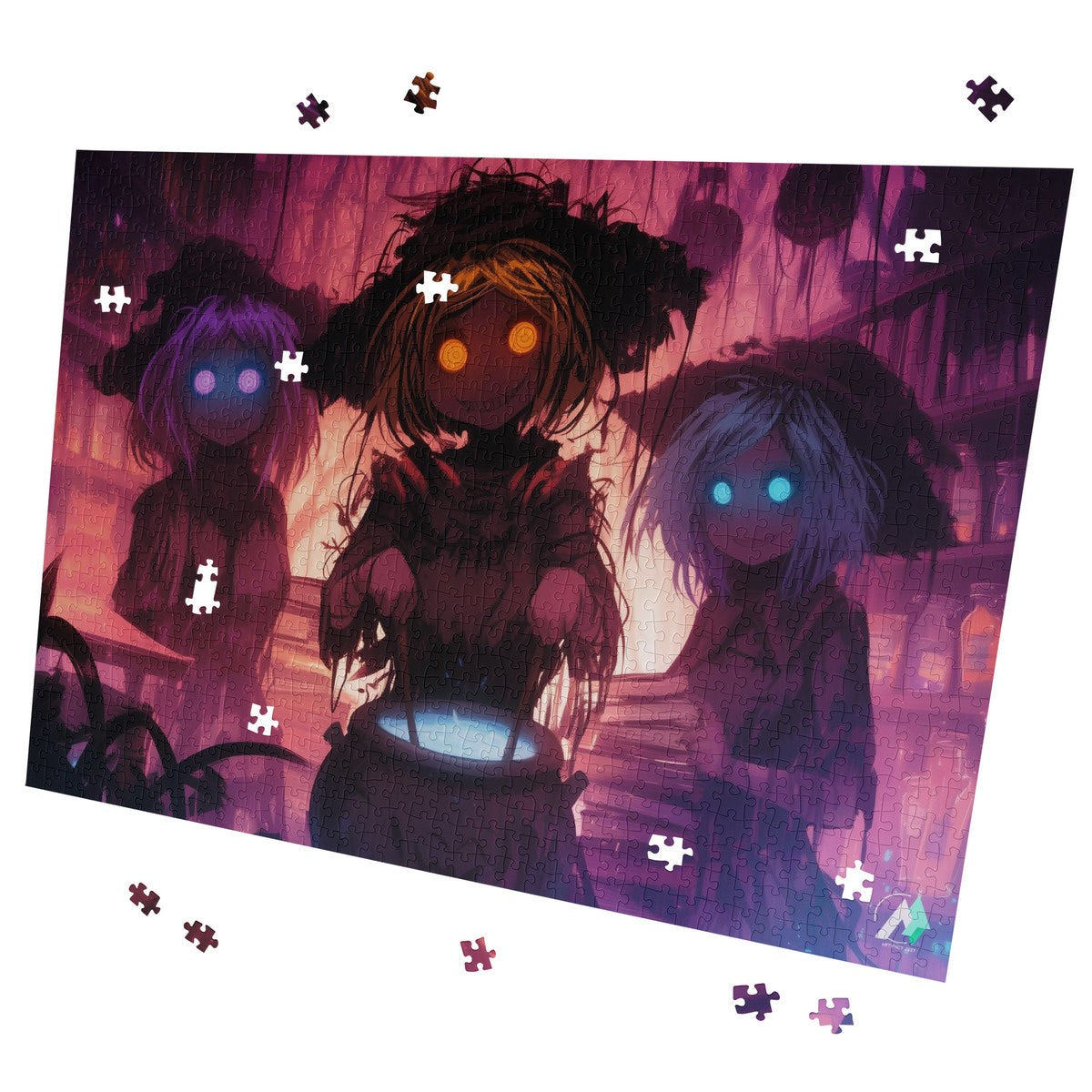 Three Sisters Brew Puzzle featuring anime-inspired artwork of glowing-eyed women, available in 500 and 1000 pieces, crafted on premium ivory cardboard.