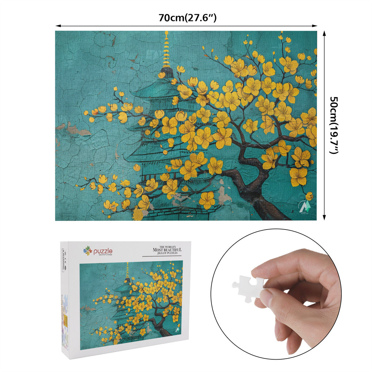 Blossoms Graffiti Puzzle featuring a tree with yellow flowers, available in 500 or 1000 pieces, crafted from premium ivory cardboard with a satin finish.