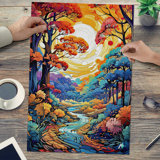 Flowing Serenity Puzzle featuring a colorful river and tree painting, available in 500 and 1000 pieces, crafted from premium ivory cardboard.