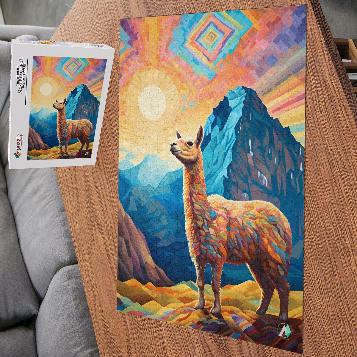 Llama on the Mountaintop Puzzle featuring a llama artwork, available in 500 and 1000 pieces, crafted from premium ivory cardboard.