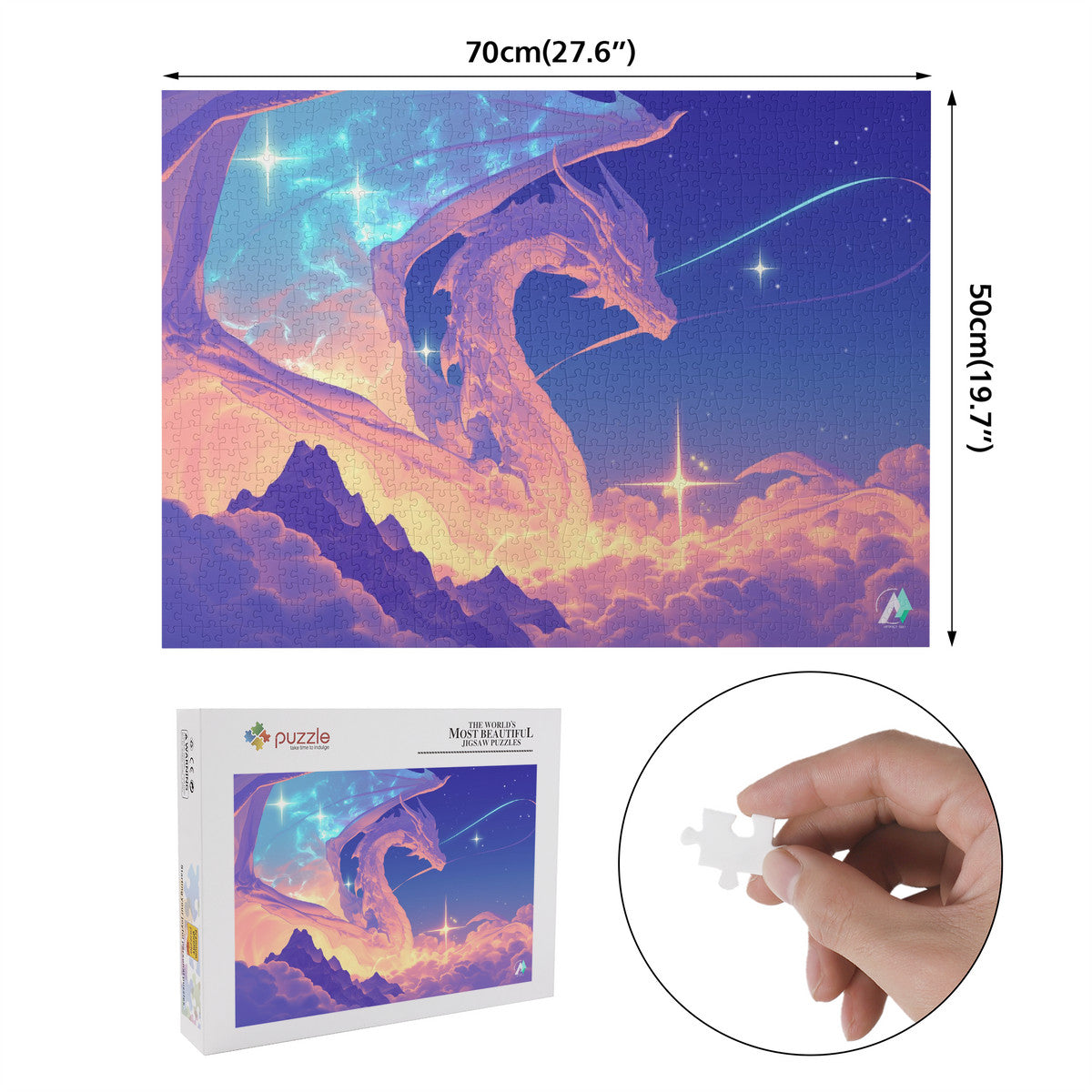 Supernal Wisdom Puzzle featuring a dragon design, available in 500 or 1000 pieces, crafted from premium ivory cardboard with satin finish.