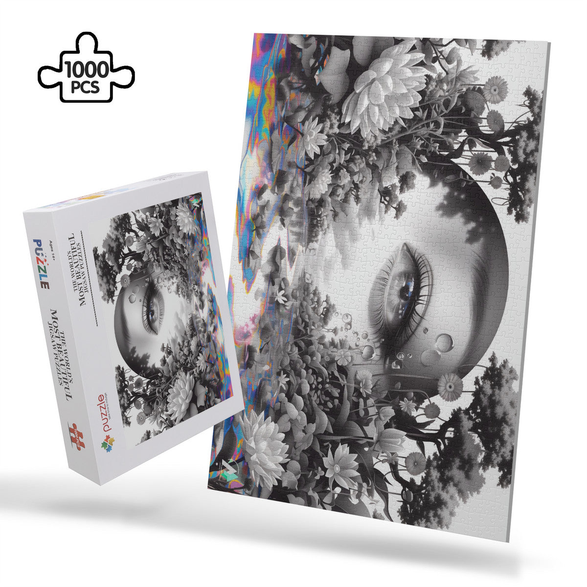 Peering Into III Puzzle: A jigsaw puzzle featuring a woman's eye surrounded by flowers, crafted from premium ivory cardboard. Available in 500 and 1000 pieces.
