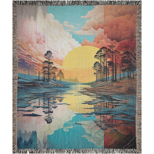 Woven blanket titled River of Tranquility featuring trees and a sunset, crafted from 100% cotton, ideal for home décor or gifting.