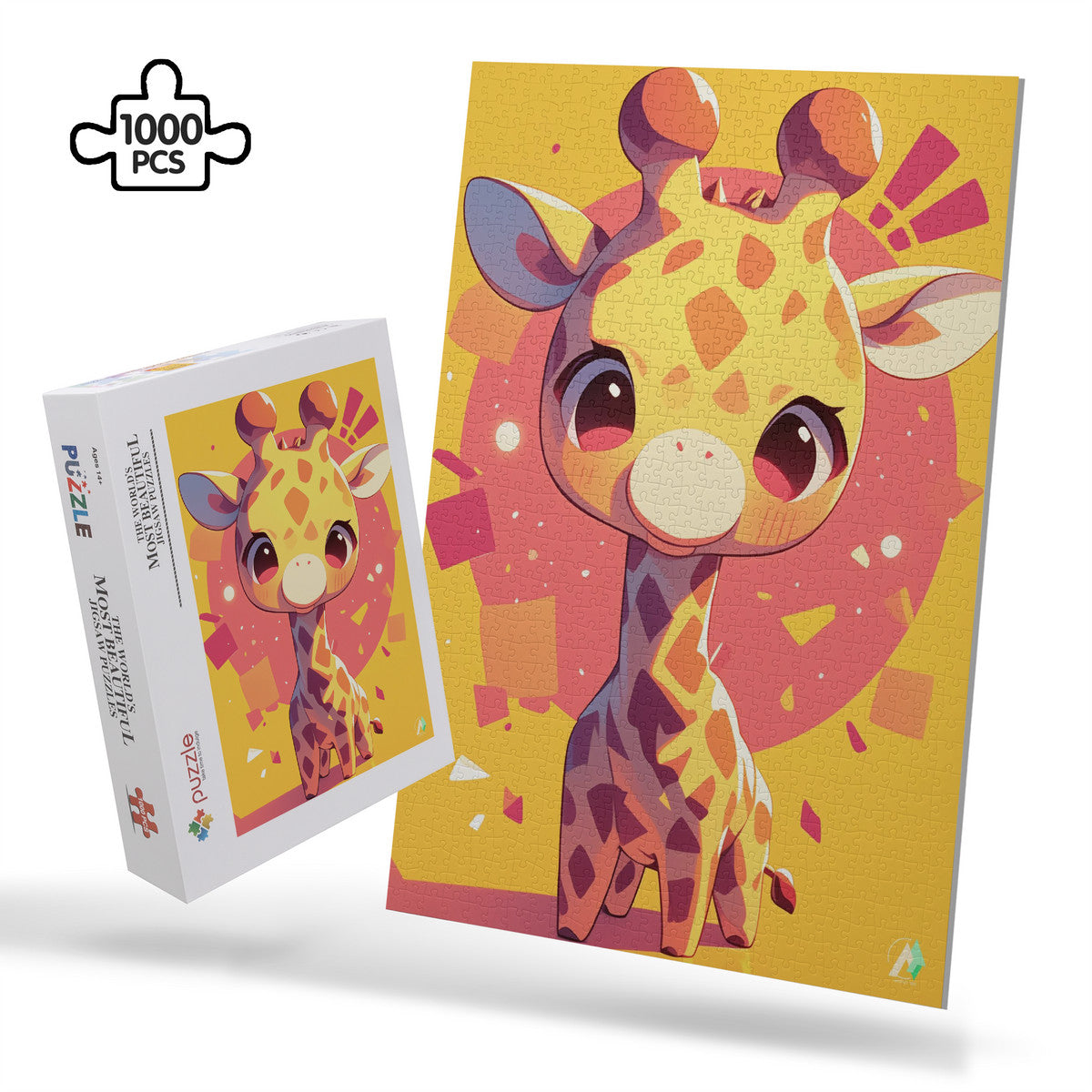 Chibi Safari Giraffe Puzzle featuring a whimsical giraffe illustration, available in 500 and 1000 pieces, crafted from premium ivory cardboard with satin finish.