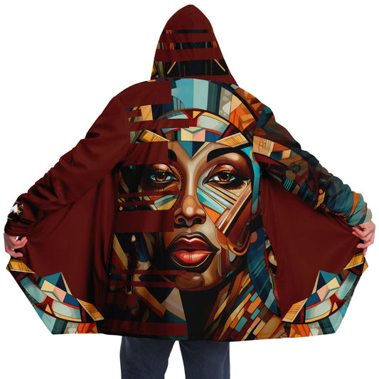 Cubist Beauty II 1337 Cloak features a hoodie with a woman's face painting, crafted from micro-mink fabric for luxurious warmth and comfort.