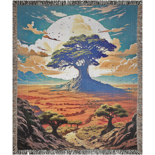 Ancient Sentinel Woven Blanket featuring a tree and moon design, crafted from 100% cotton, ideal for home dΓ©cor or gifting.