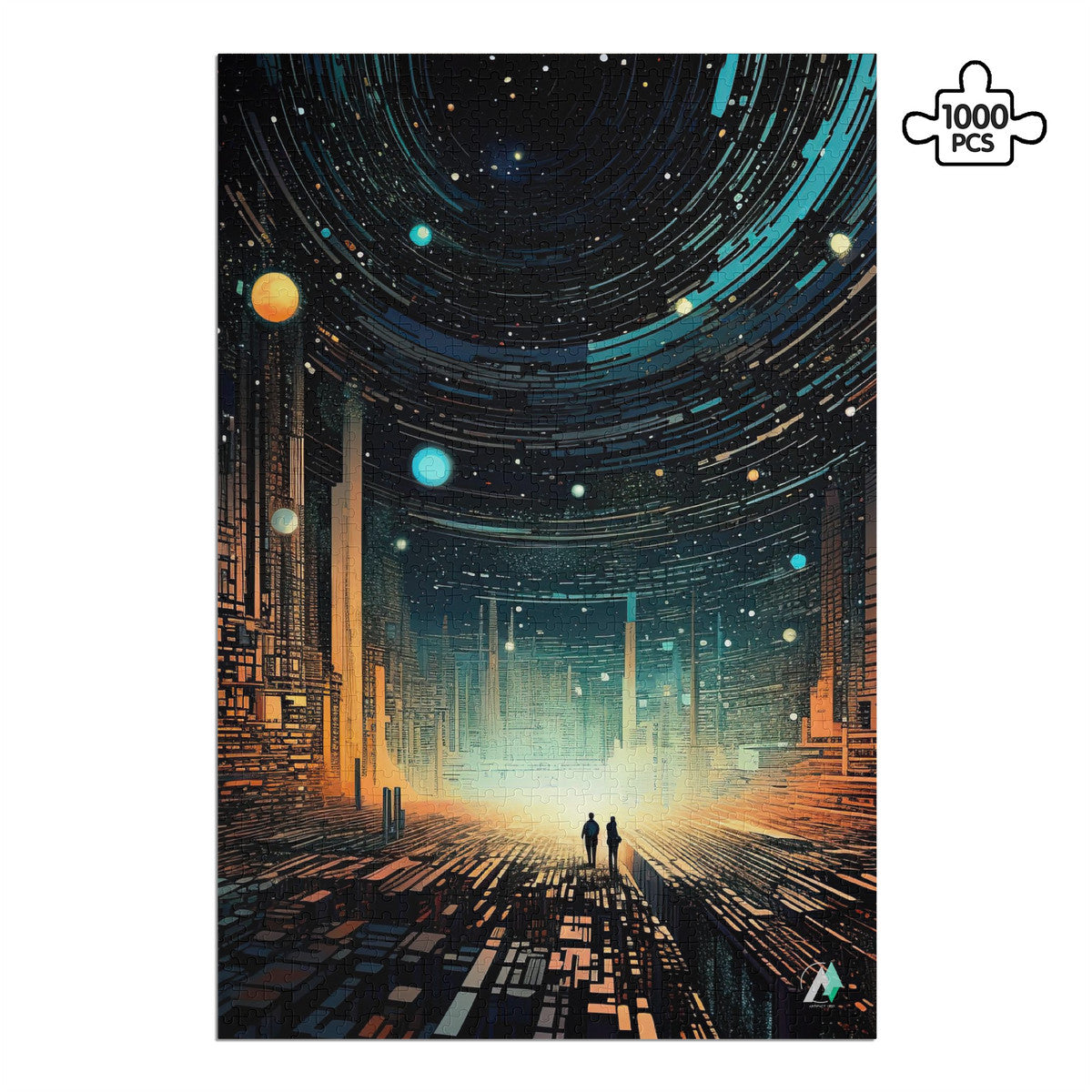 Future Urbanscape II Puzzle featuring two people on a futuristoc city street, available in 500 or 1000 pieces, crafted from premium ivory cardboard.