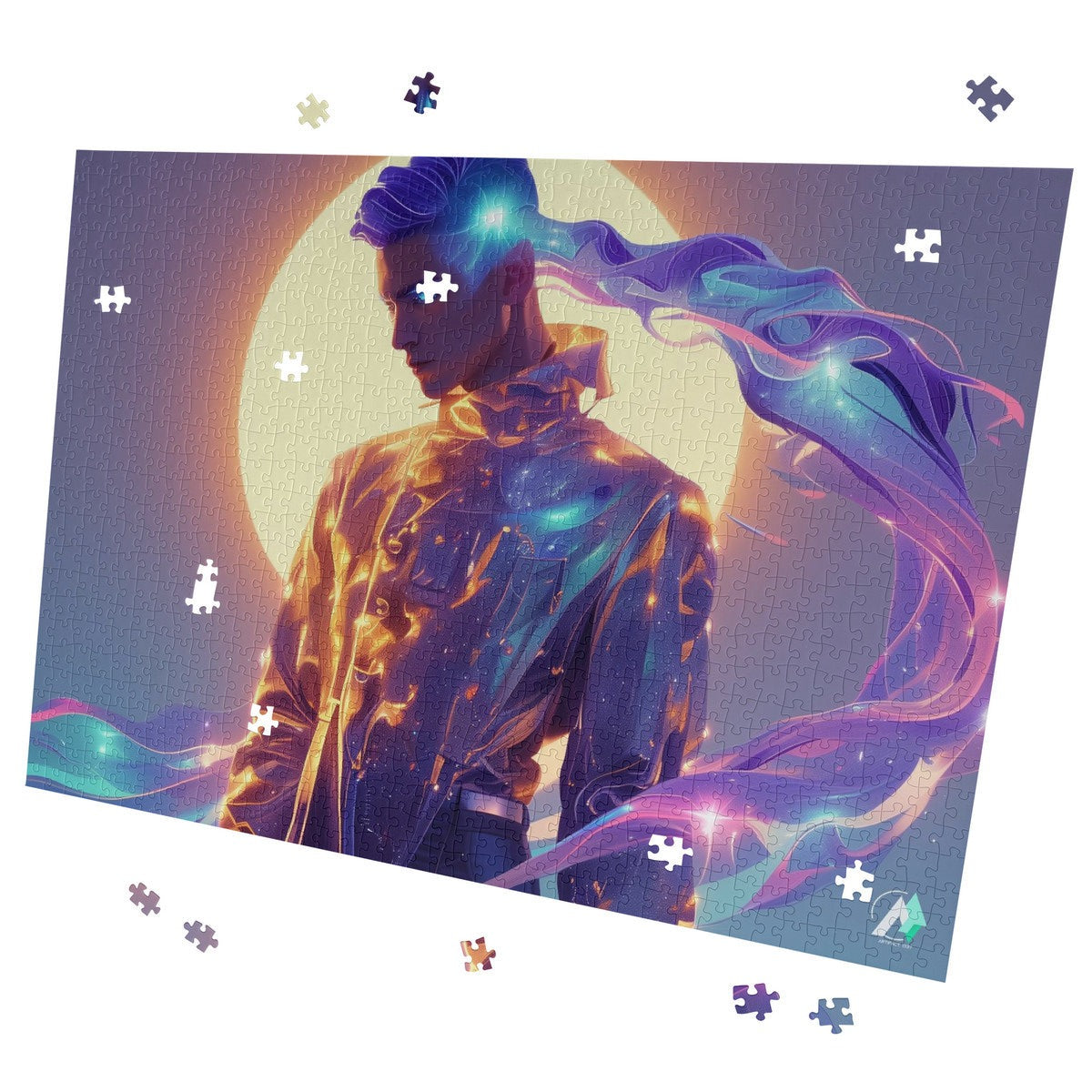 Cy Ber Ne Tic I Puzzle features a man with glowing purple blue hair in a shiny suit, crafted from premium ivory cardboard.