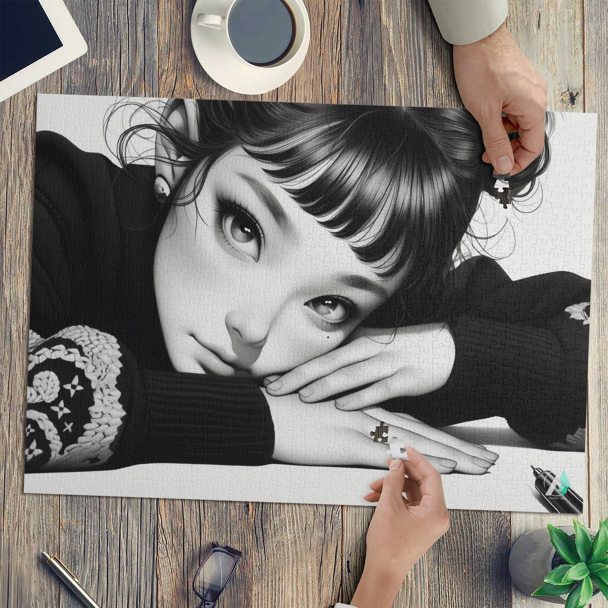 Girl in Reflection Puzzle showcases a serene portrait of a girl resting her head on her hands, available in 500 or 1000 pieces.