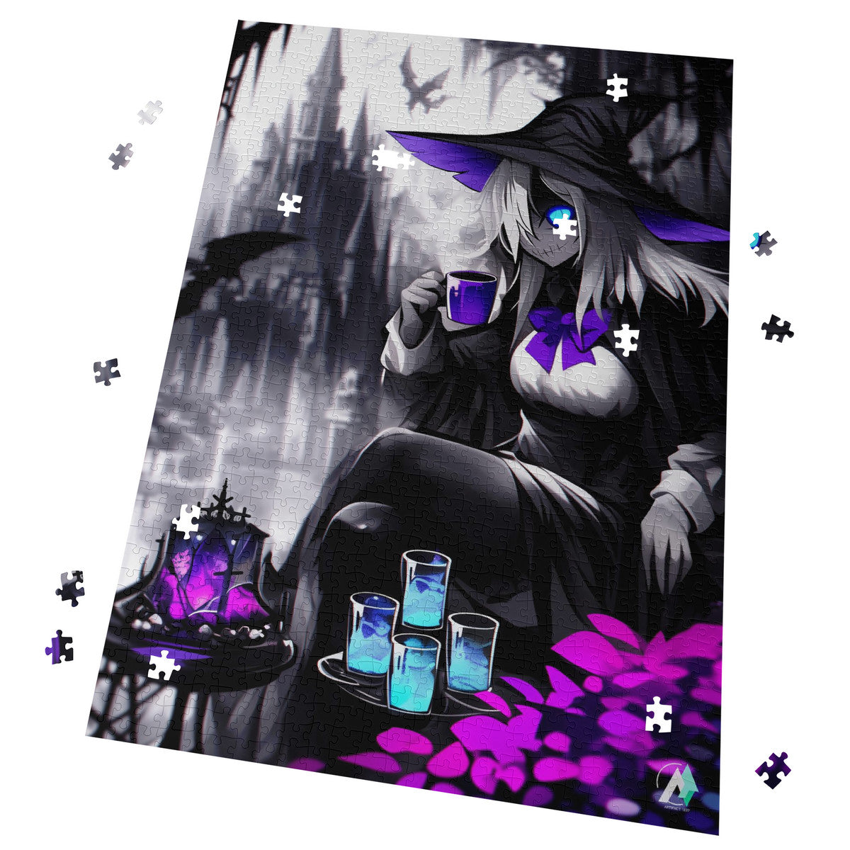 Witch's Sip Puzzle featuring a witch enjoying tea in a whimsical, artistic style. Available in 500 and 1000 pieces with premium cardboard.