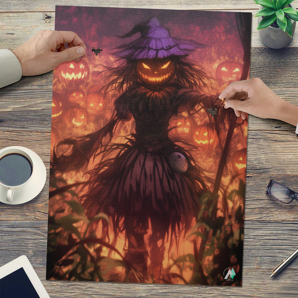 Harrowing Scarecrow Puzzle featuring a scarecrow with a purple hat, jack-o-lantern, and mask, set in a whimsical, artistic design.