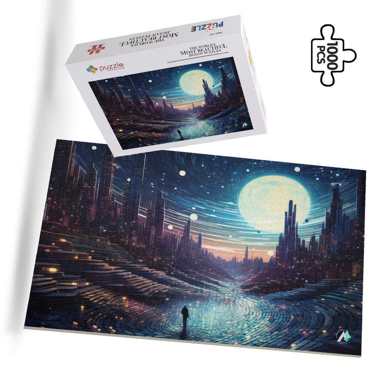 Future Urbanscape I Puzzle featuring a future cityscape with a man walking on a street, available in 500 and 1000 pieces, premium cardboard.