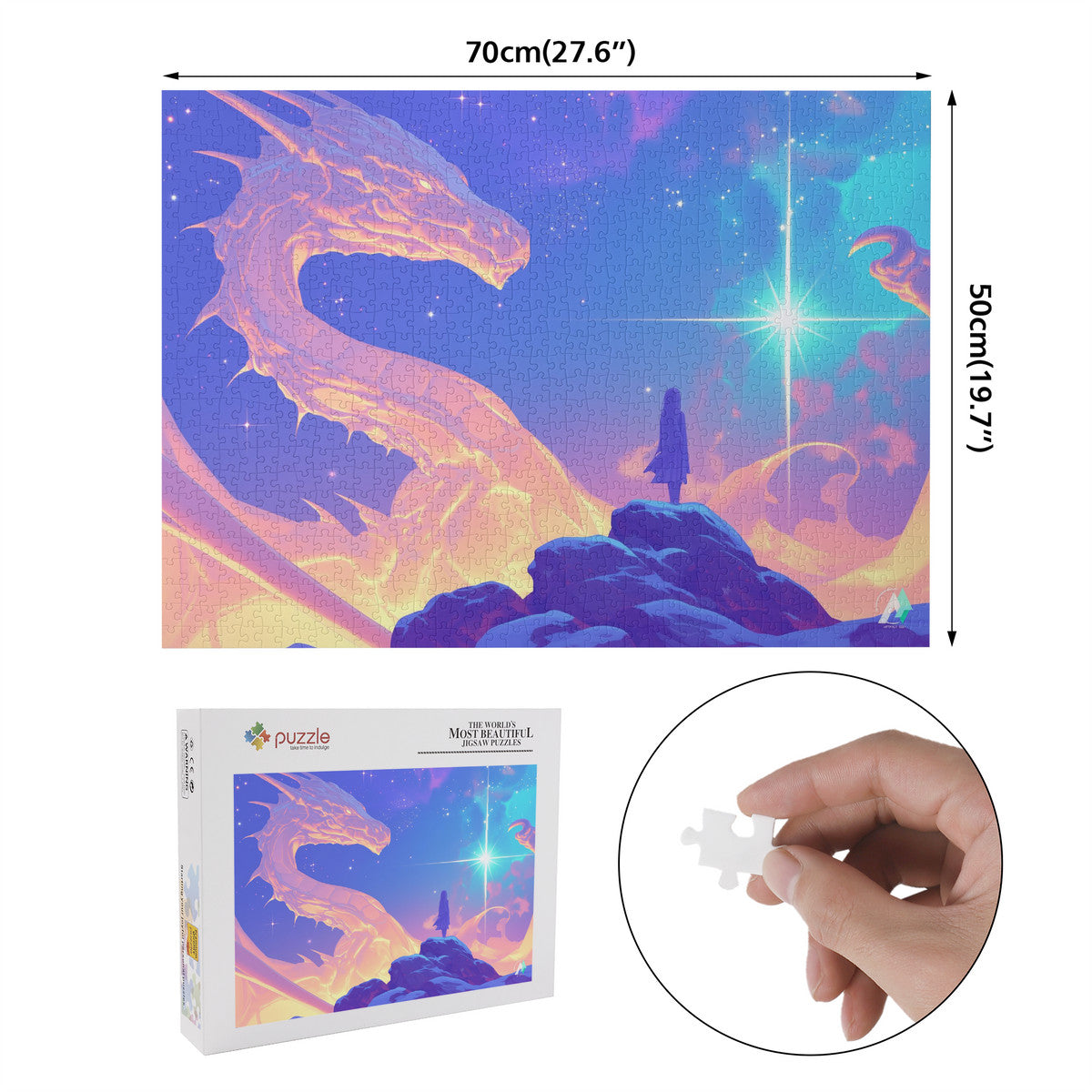 Supernal Gift Puzzle: A 500 or 1000-piece jigsaw featuring a girl on a rock with a dragon and star, crafted on premium ivory cardboard.