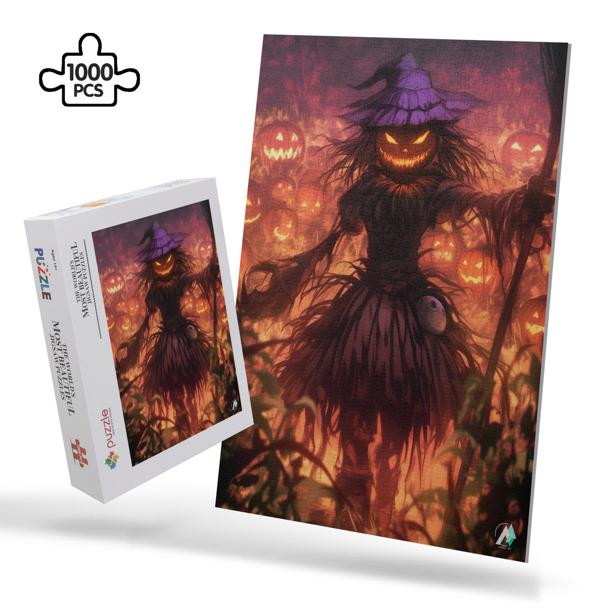 Harrowing Scarecrow Puzzle featuring a scarecrow with a purple hat, jack-o-lantern, and mask, set in a whimsical, artistic design.
