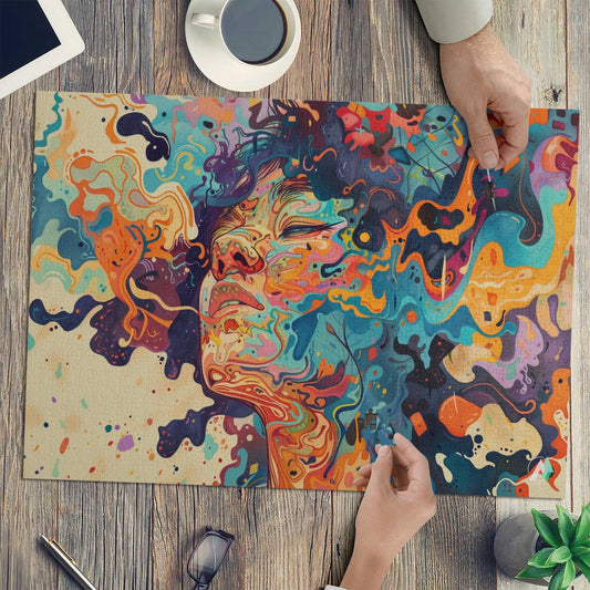 Liquid Trance I Puzzle features a vibrant, modern artwork of a woman's face, available in 500 or 1000 pieces, crafted from premium ivory cardboard.