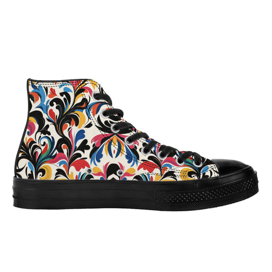 Harle's Boudoir (Blk) 💋🪞 | 1337 High Tops: High-top sneaker featuring a swirling multicolored floral pattern on white canvas, black rubber sole, crafted for exclusive artistic expression.