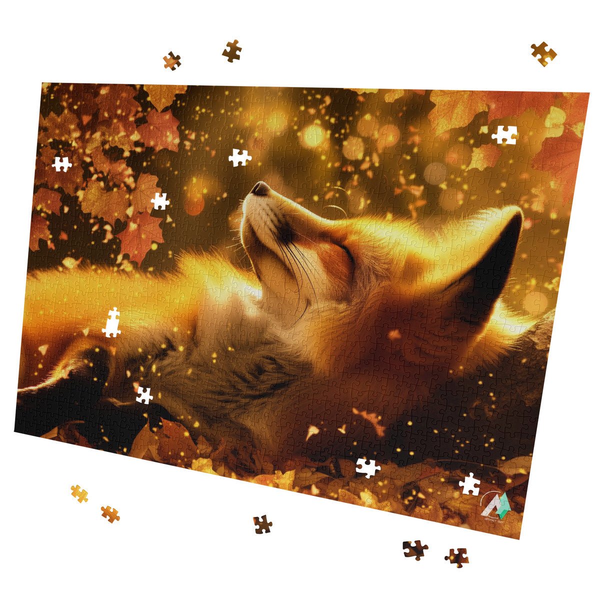 Puzzle titled Fall'n for Foxes VII featuring a serene fox lying on leaves, available in 500 or 1000 pieces, crafted from premium ivory cardboard.