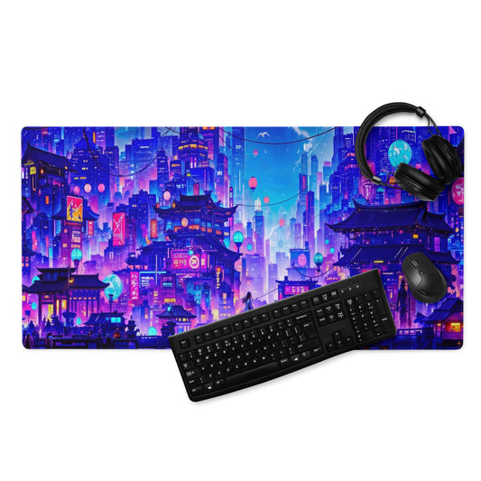 XXL gaming mouse pad, mouse pad, desk mat, gaming mat, gaming pad, best gaming mouse pad, border stitching, durable gaming mouse pad, Neon Metropolis artwork