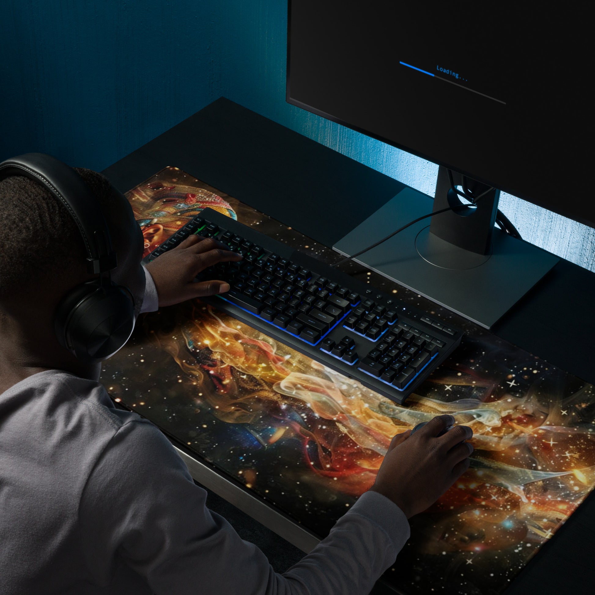 XXL gaming mouse pad, mouse pad, desk mat, gaming mat, gaming pad, best gaming mouse pad, border stitching, durable gaming mouse pad, Celestial Exhalation artwork
