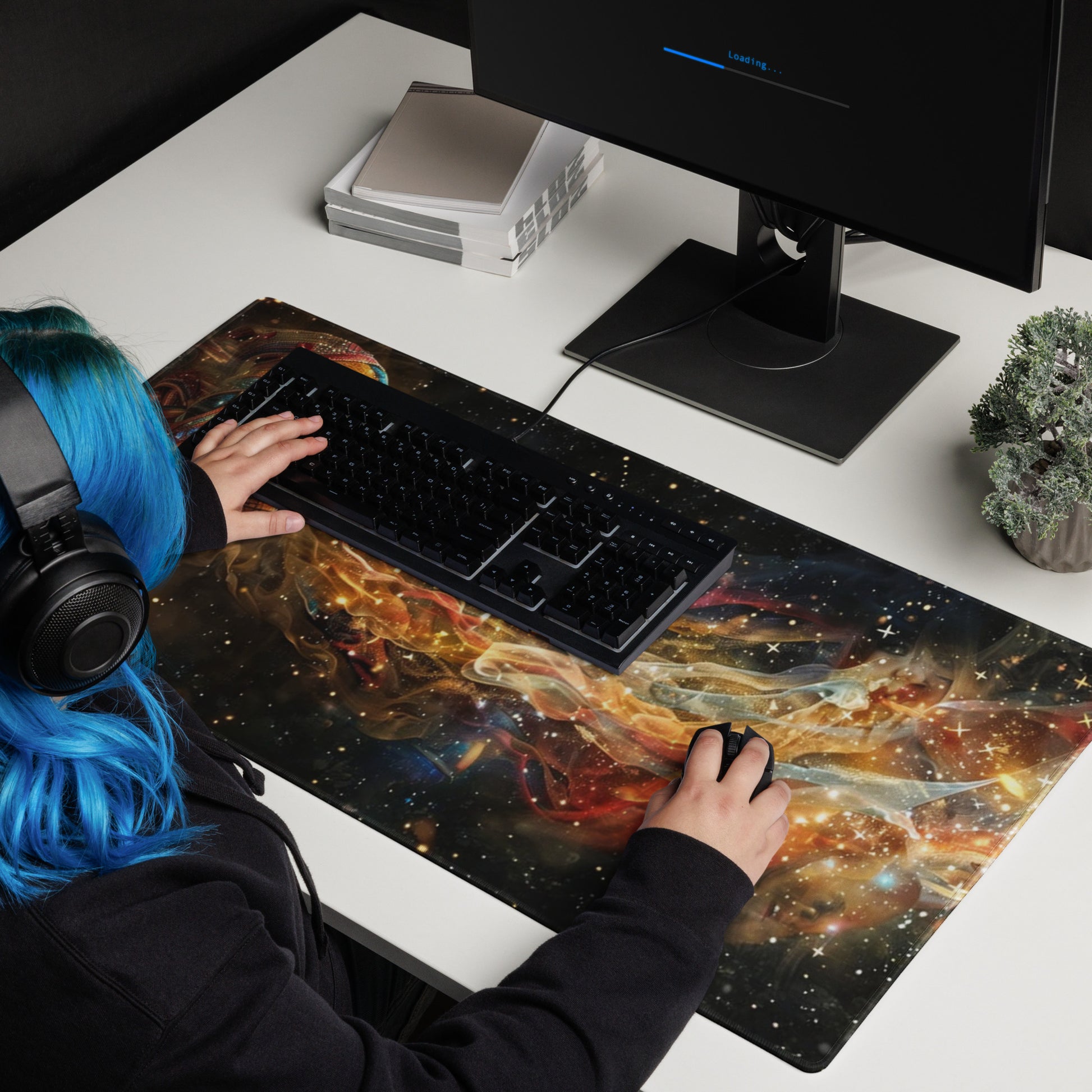 XXL gaming mouse pad, mouse pad, desk mat, gaming mat, gaming pad, best gaming mouse pad, border stitching, durable gaming mouse pad, Celestial Exhalation artwork