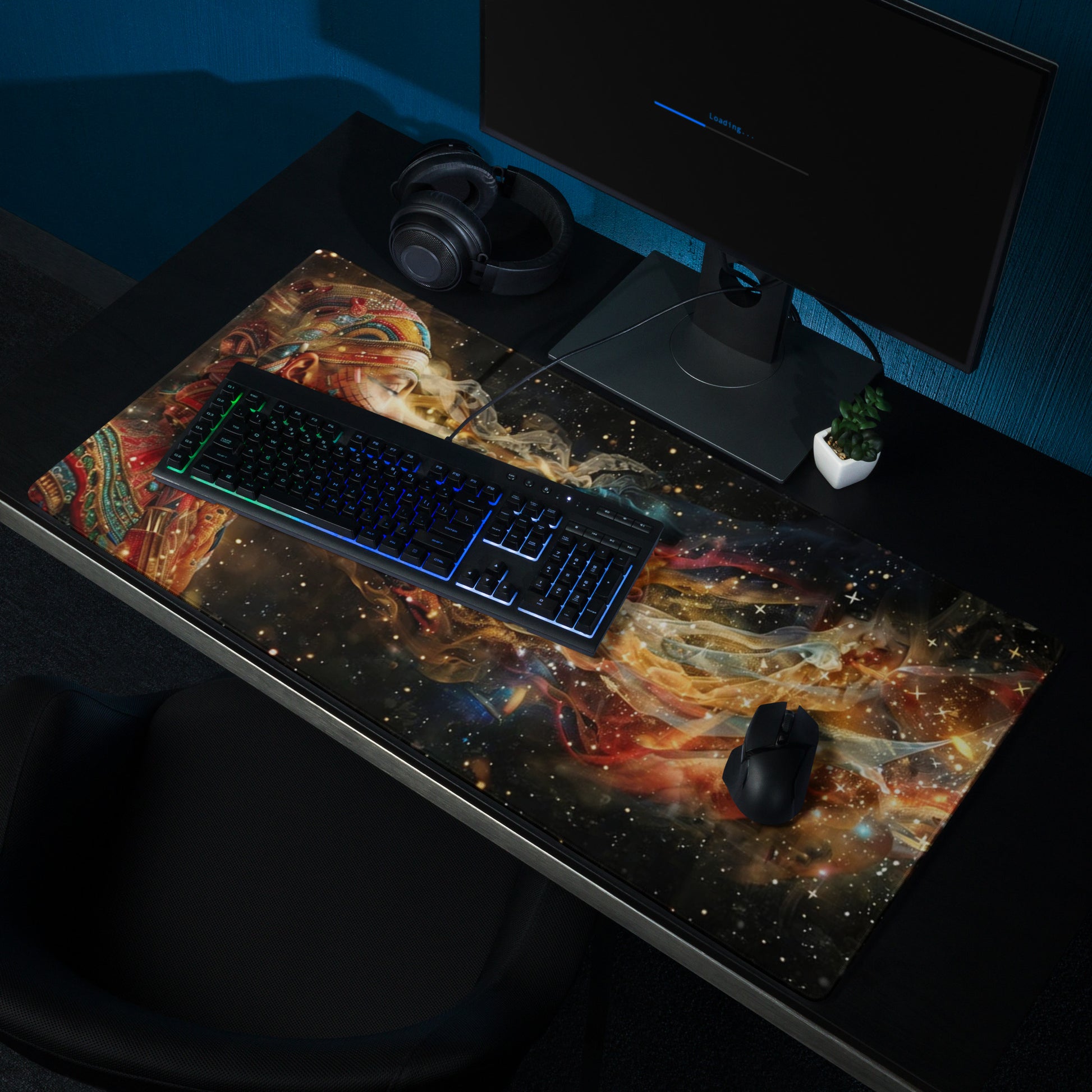 XXL gaming mouse pad, mouse pad, desk mat, gaming mat, gaming pad, best gaming mouse pad, border stitching, durable gaming mouse pad, Celestial Exhalation artwork