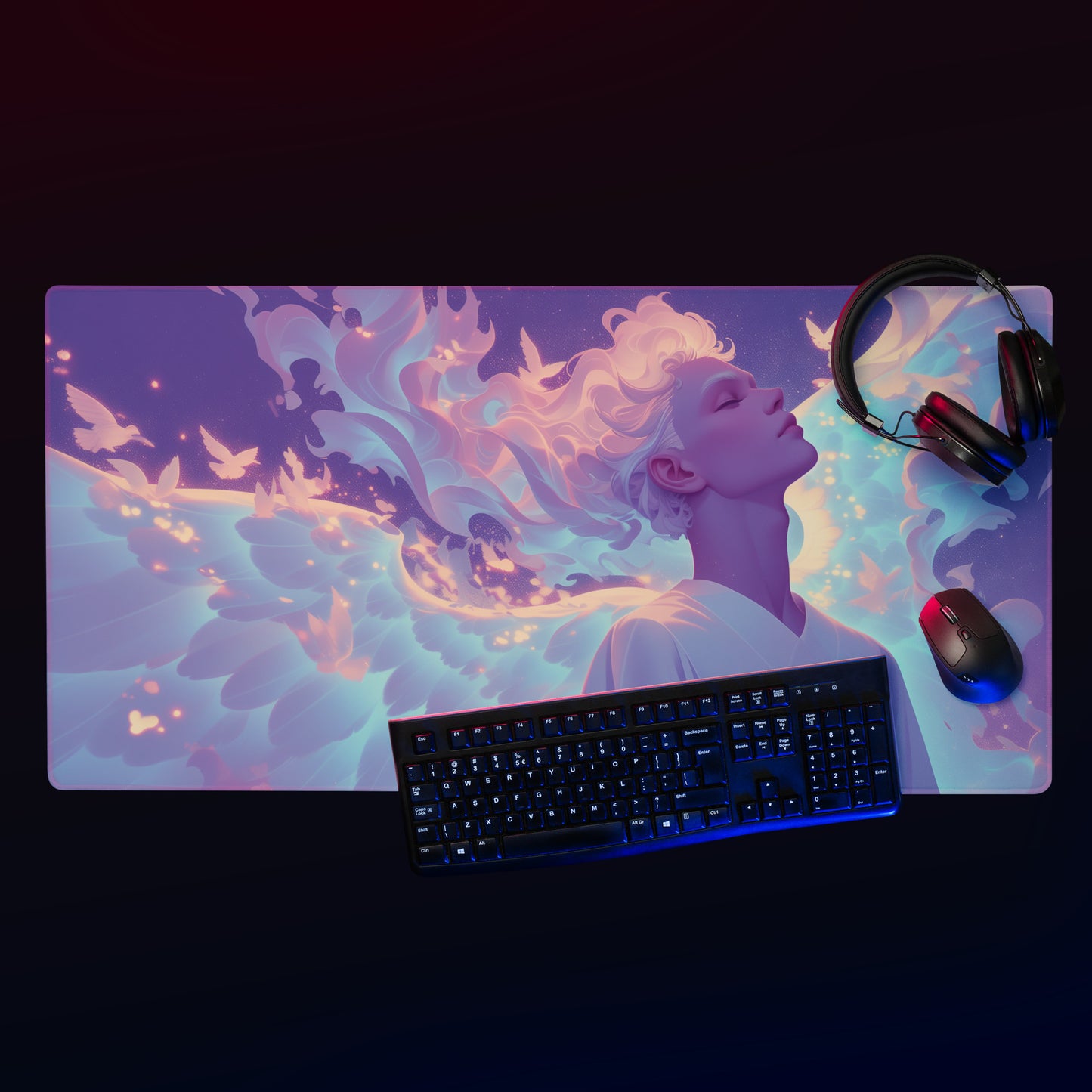 XXL gaming mouse pad, mouse pad, desk mat, gaming mat, gaming pad, best gaming mouse pad, border stitching, durable gaming mouse pad, Seraphim's Elegance I artwork
